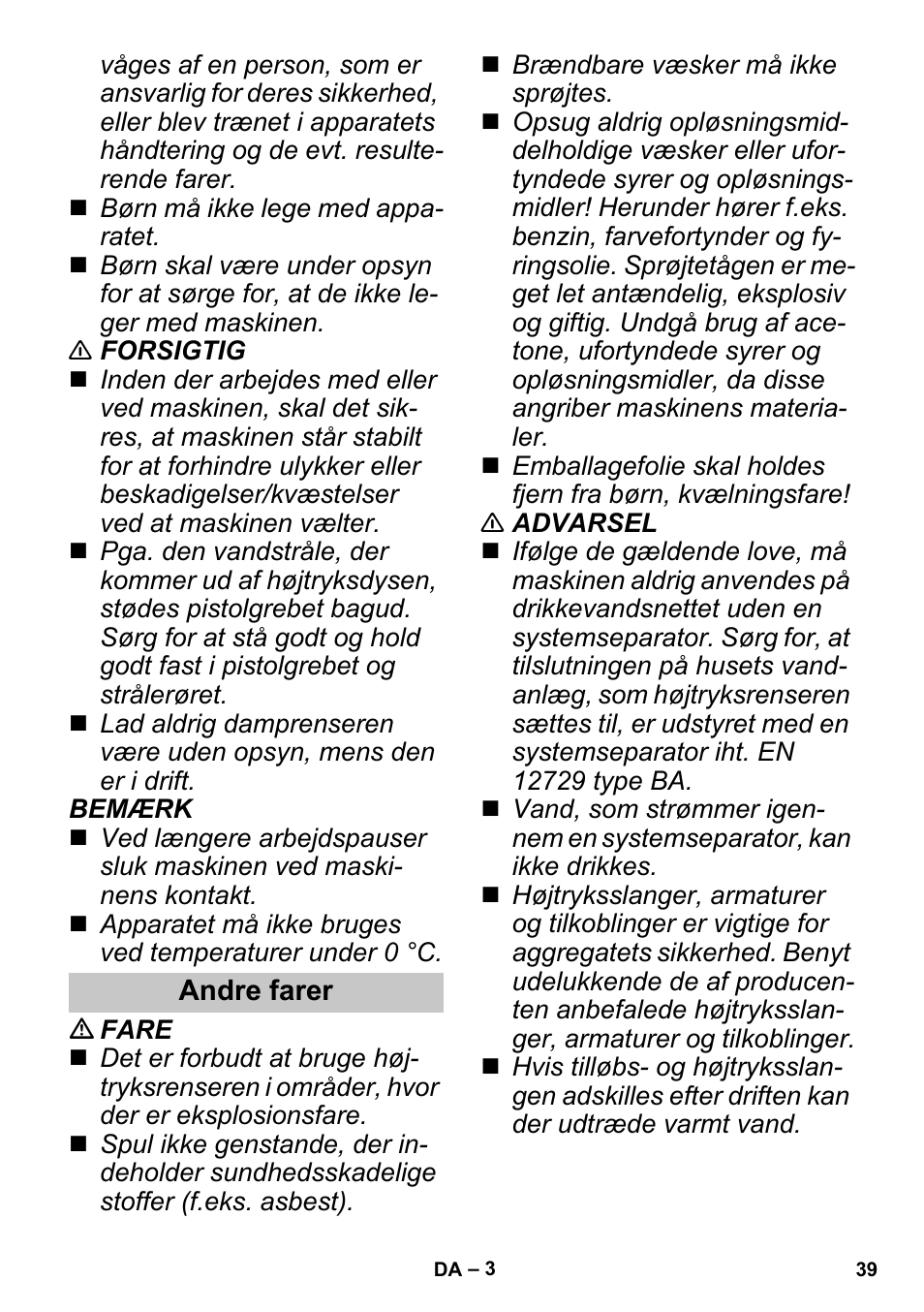 Andre farer | Karcher K 3 Sport User Manual | Page 39 / 144