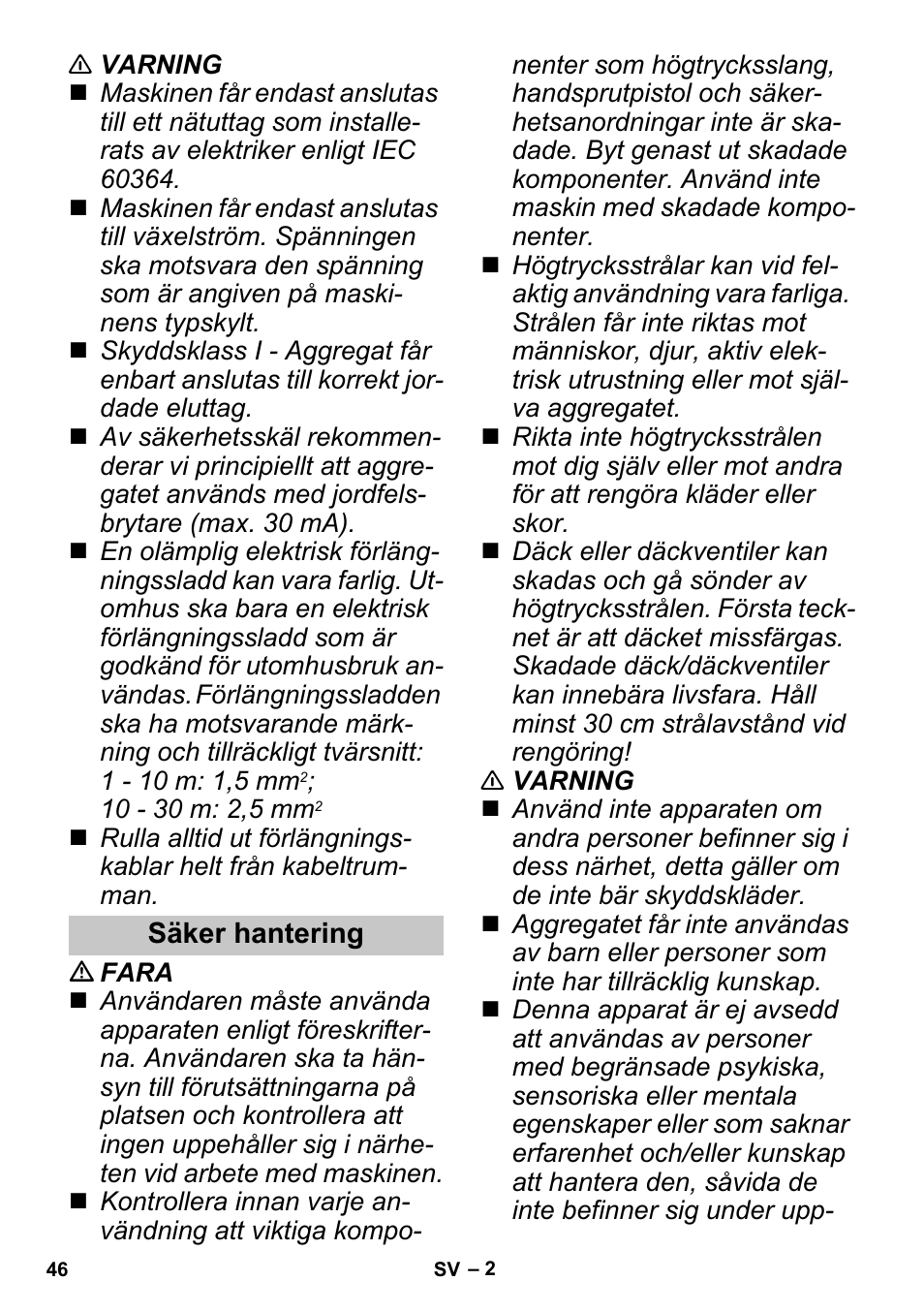 Säker hantering | Karcher K 3 Sport User Manual | Page 46 / 144