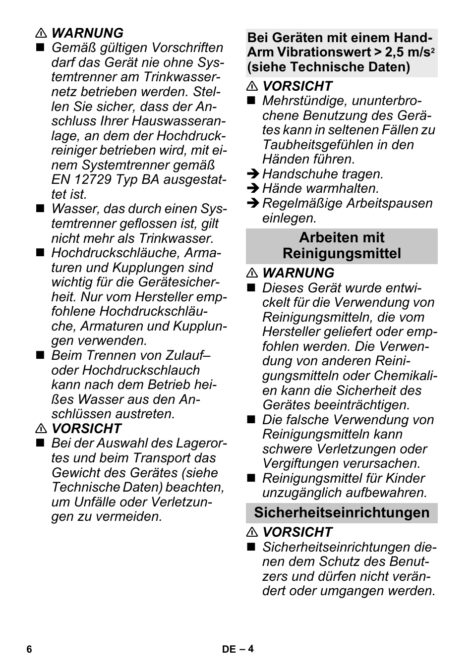 Arbeiten mit reinigungsmittel, Sicherheitseinrichtungen | Karcher K 3 Sport User Manual | Page 6 / 144