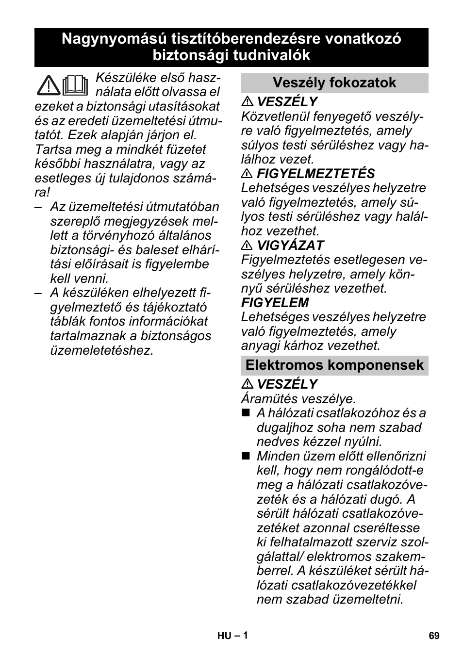 Magyar, Veszély fokozatok, Elektromos komponensek | Karcher K 3 Sport User Manual | Page 69 / 144