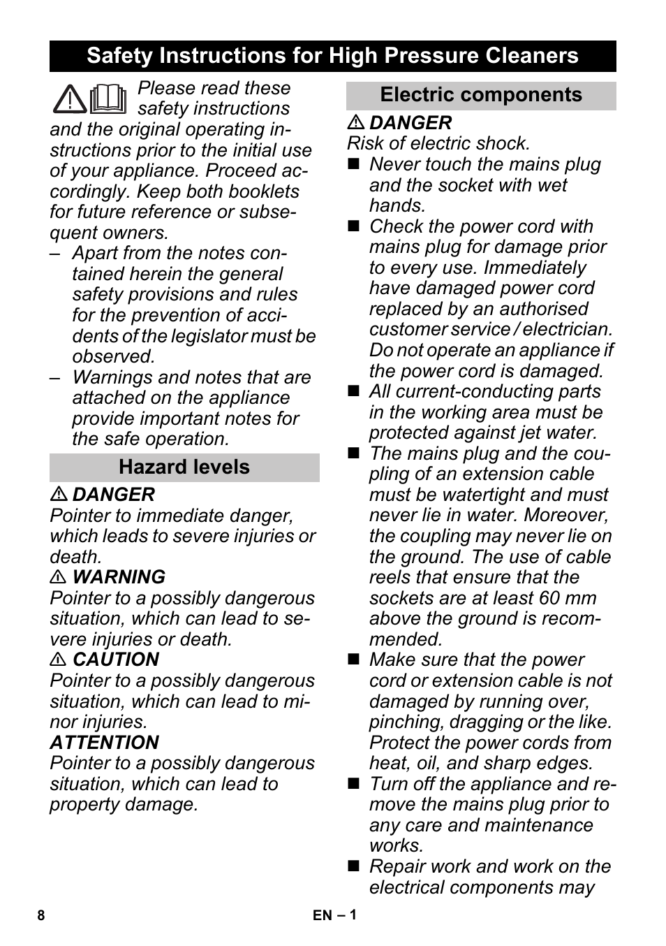 English, Safety instructions for high pressure cleaners, Hazard levels | Electric components | Karcher K 3 Sport User Manual | Page 8 / 144