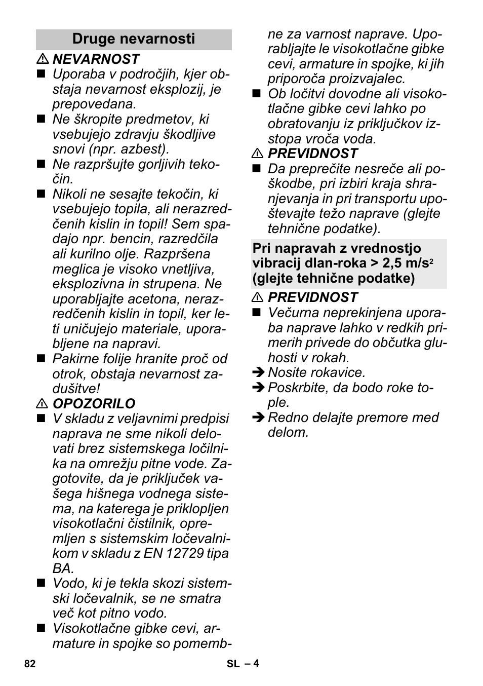 Druge nevarnosti | Karcher K 3 Sport User Manual | Page 82 / 144