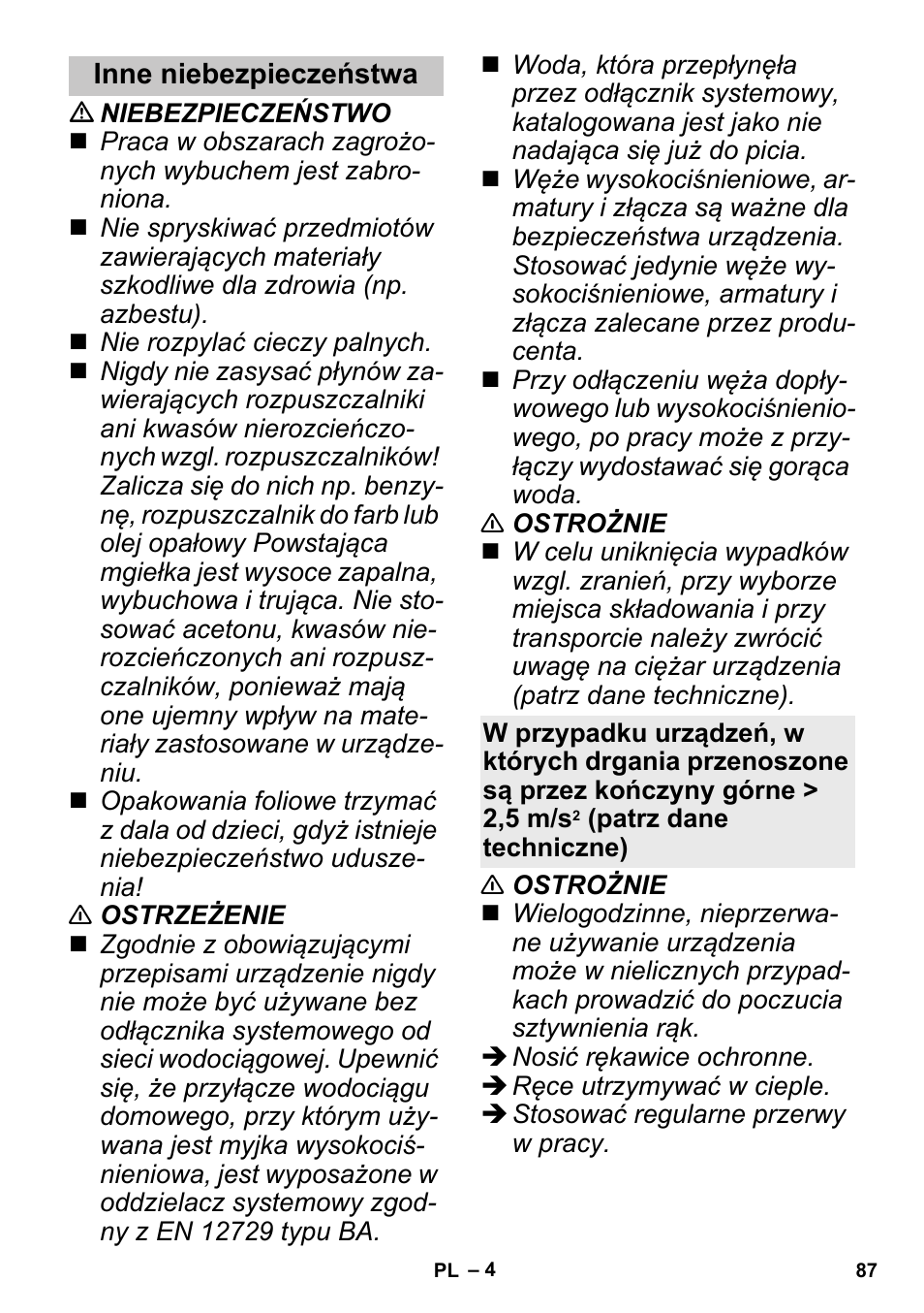 Inne niebezpieczeństwa | Karcher K 3 Sport User Manual | Page 87 / 144