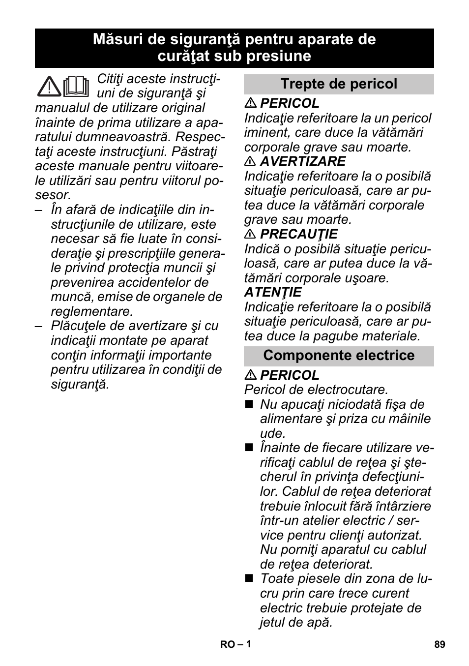 Româneşte, Trepte de pericol, Componente electrice | Karcher K 3 Sport User Manual | Page 89 / 144