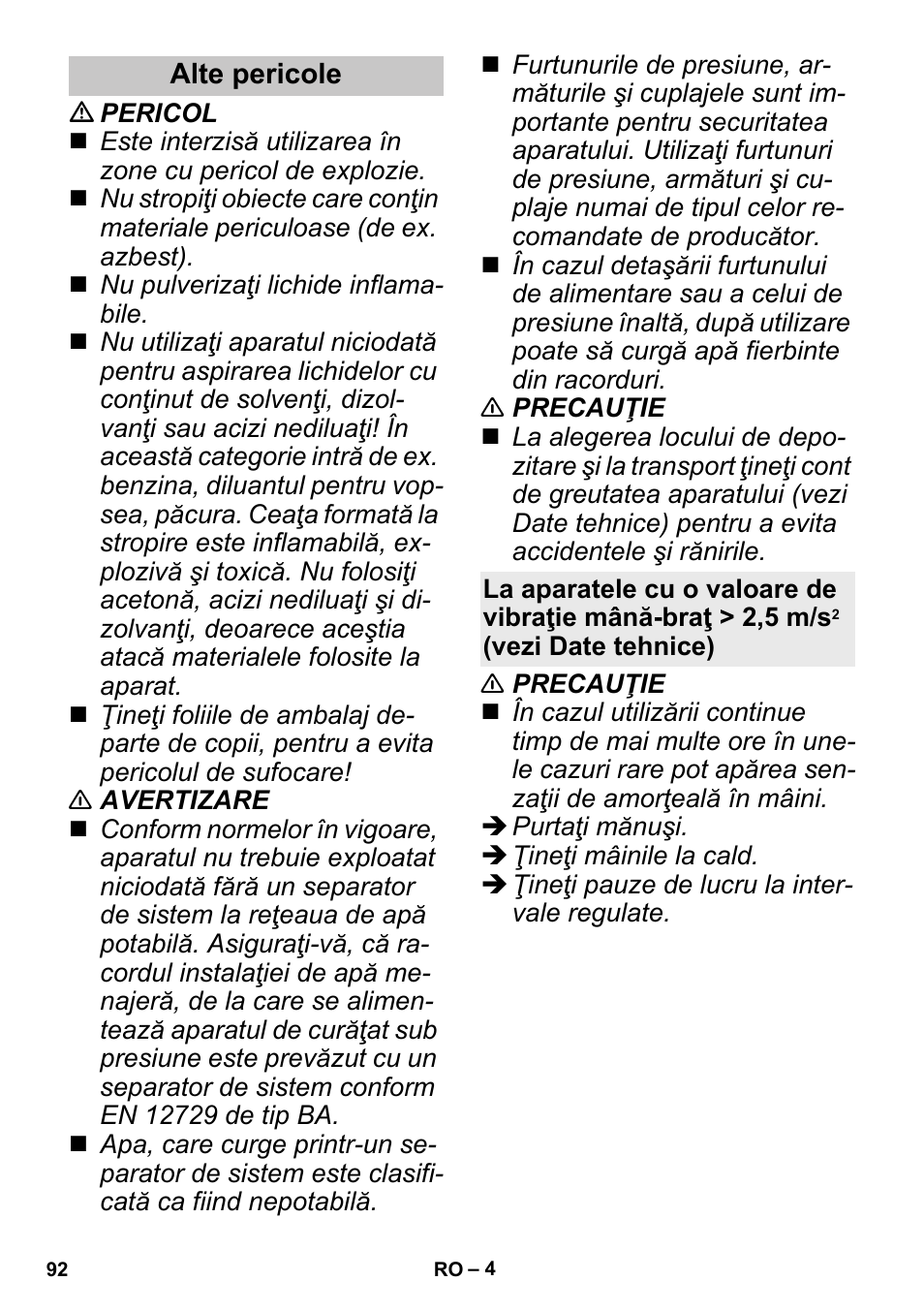 Alte pericole | Karcher K 3 Sport User Manual | Page 92 / 144