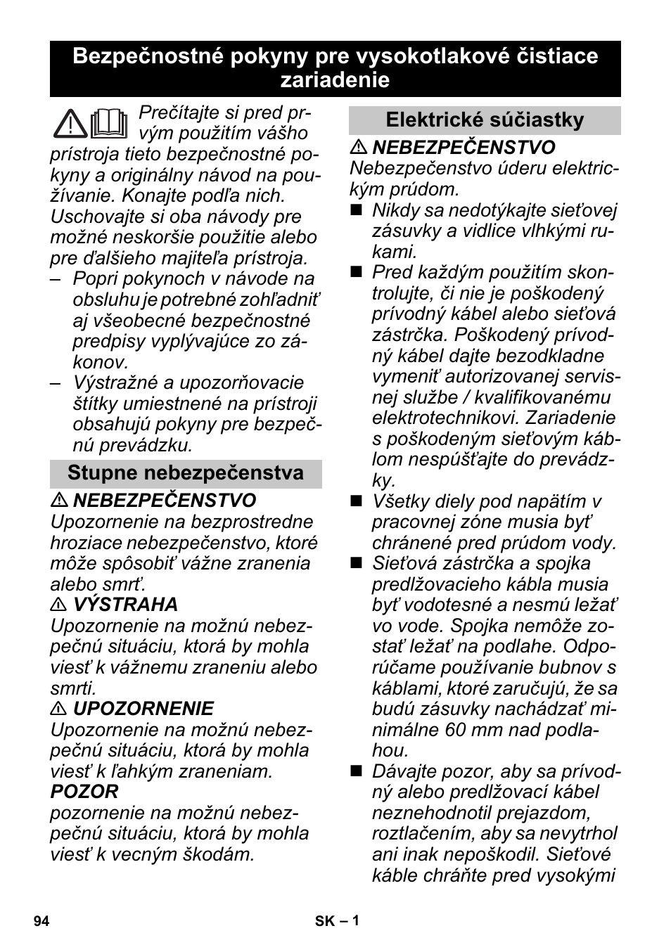 Slovenčina, Stupne nebezpečenstva, Elektrické súčiastky | Karcher K 3 Sport User Manual | Page 94 / 144