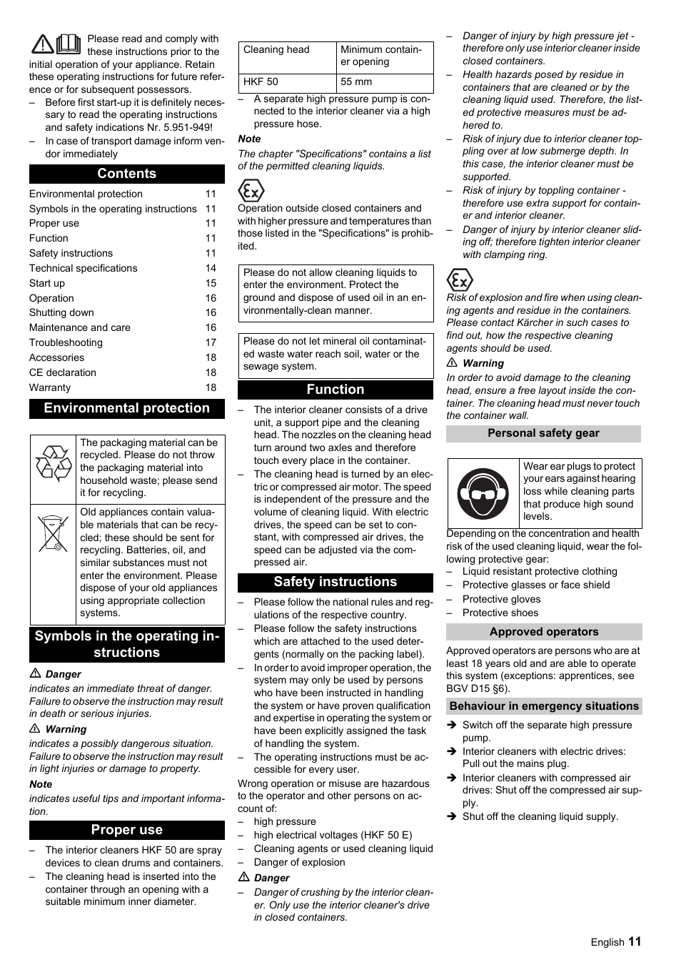 Contents environmental protection, Symbols in the operating in- structions proper use, Function safety instructions | Karcher HKF 50 E User Manual | Page 11 / 60