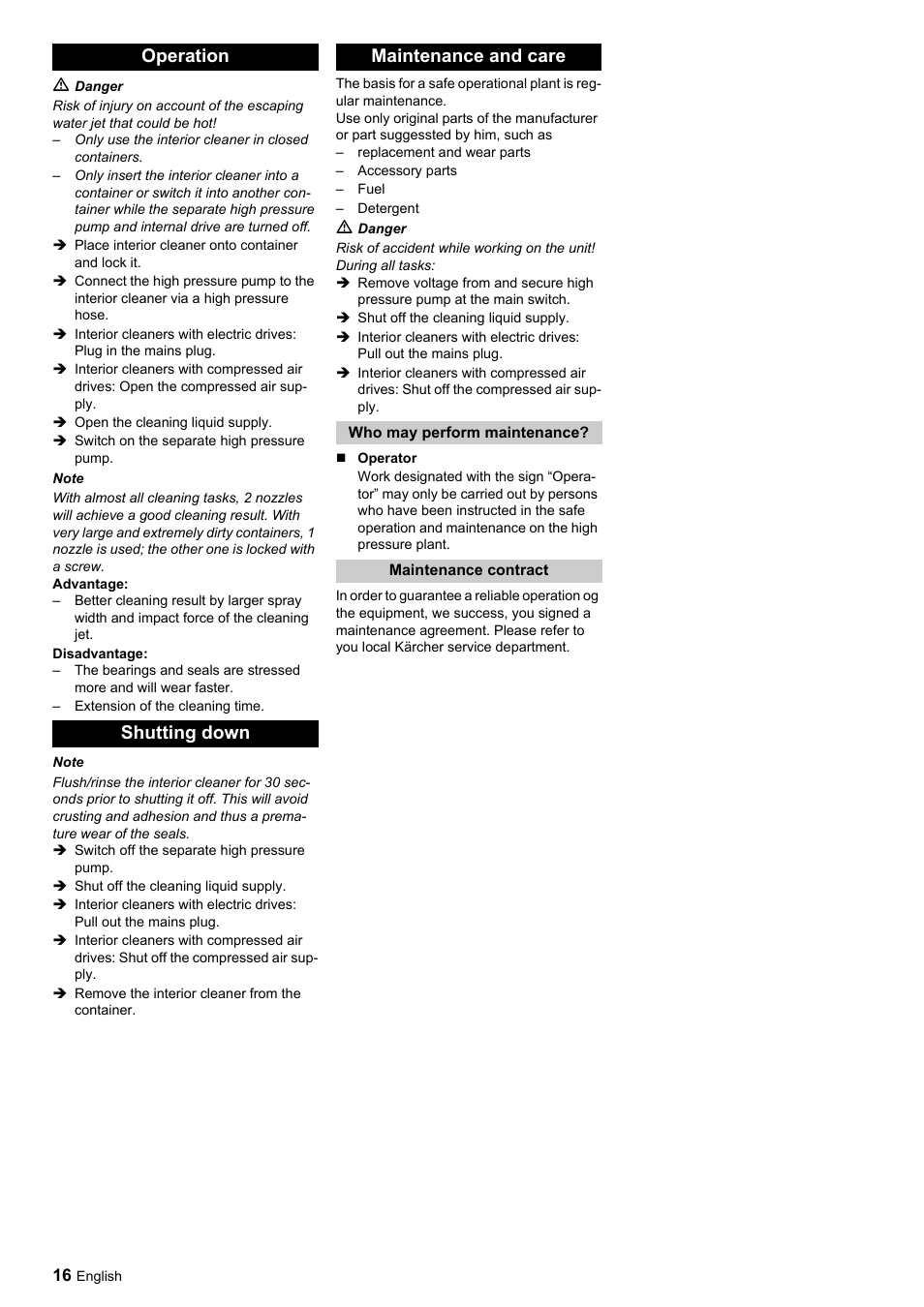 Operation shutting down maintenance and care | Karcher HKF 50 E User Manual | Page 16 / 60