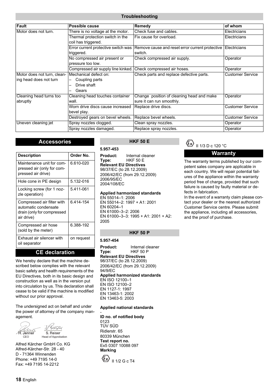 Accessories, Ce declaration, Warranty | Karcher HKF 50 E User Manual | Page 18 / 60