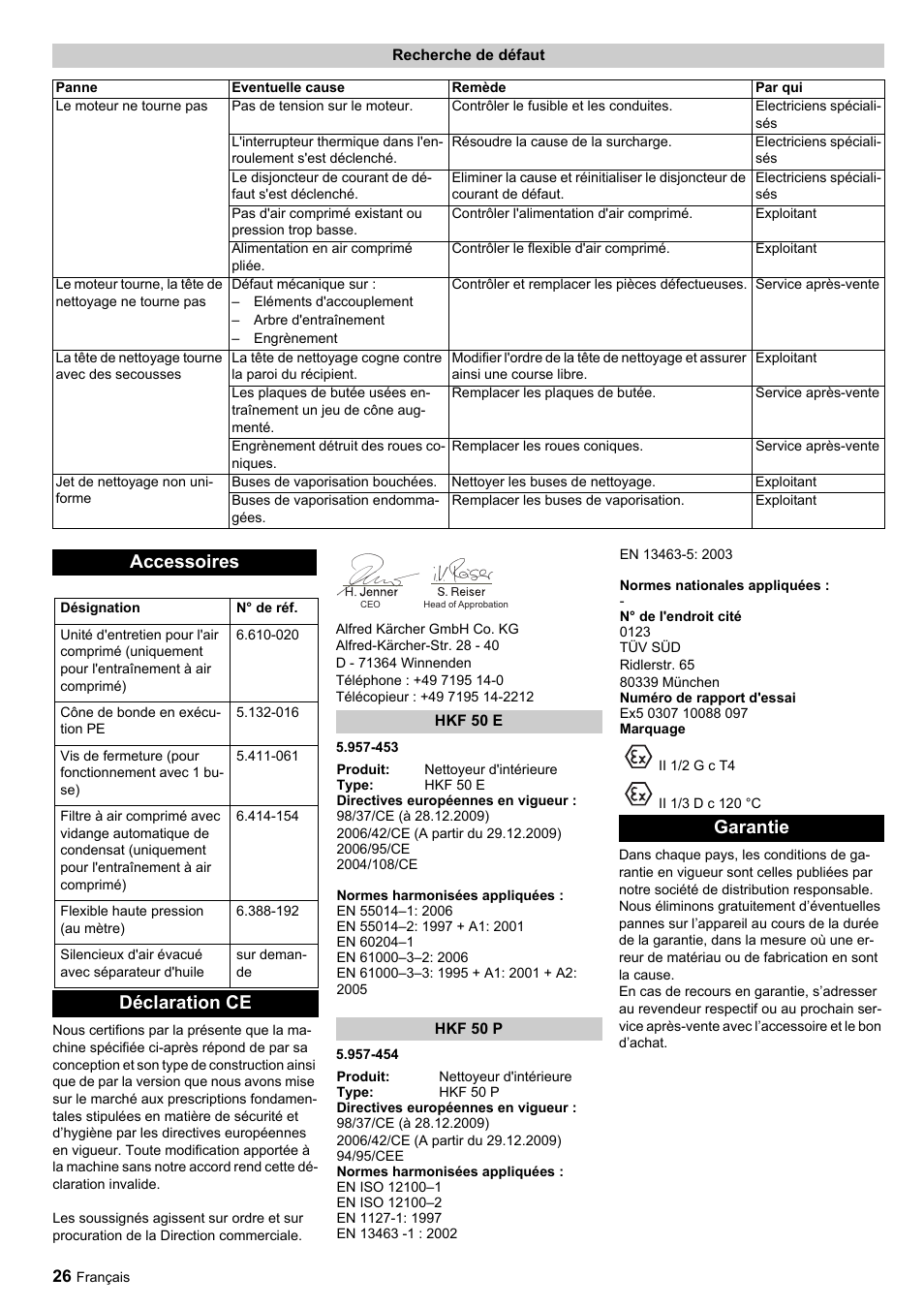 Accessoires, Déclaration ce, Garantie | Karcher HKF 50 E User Manual | Page 26 / 60