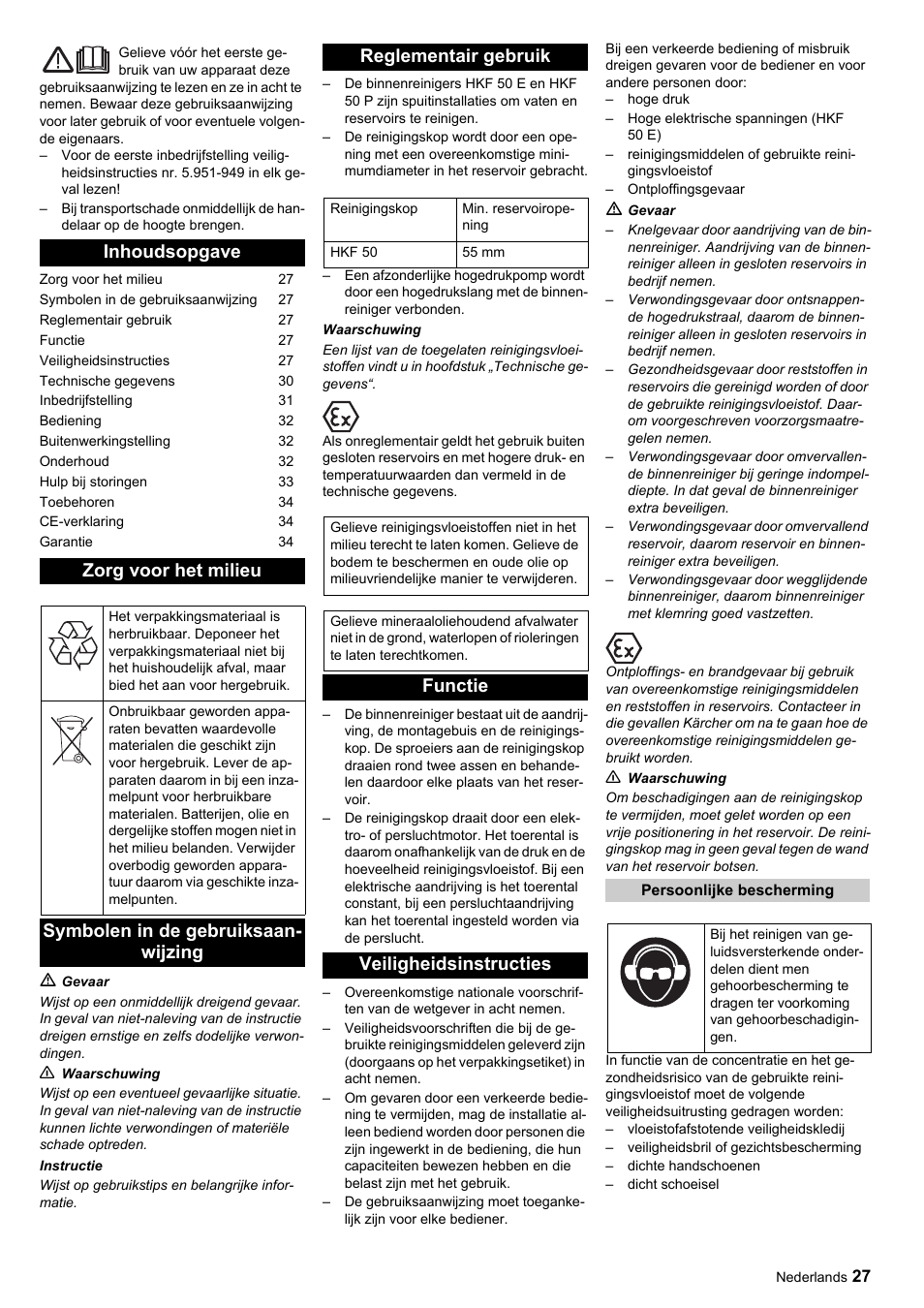 Inhoudsopgave zorg voor het milieu, Functie veiligheidsinstructies | Karcher HKF 50 E User Manual | Page 27 / 60