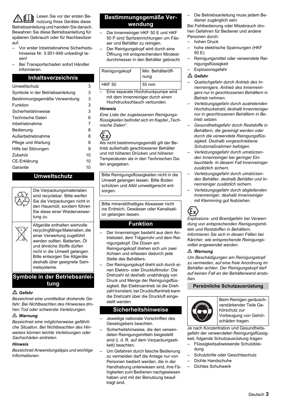Inhaltsverzeichnis umweltschutz, Funktion sicherheitshinweise | Karcher HKF 50 E User Manual | Page 3 / 60
