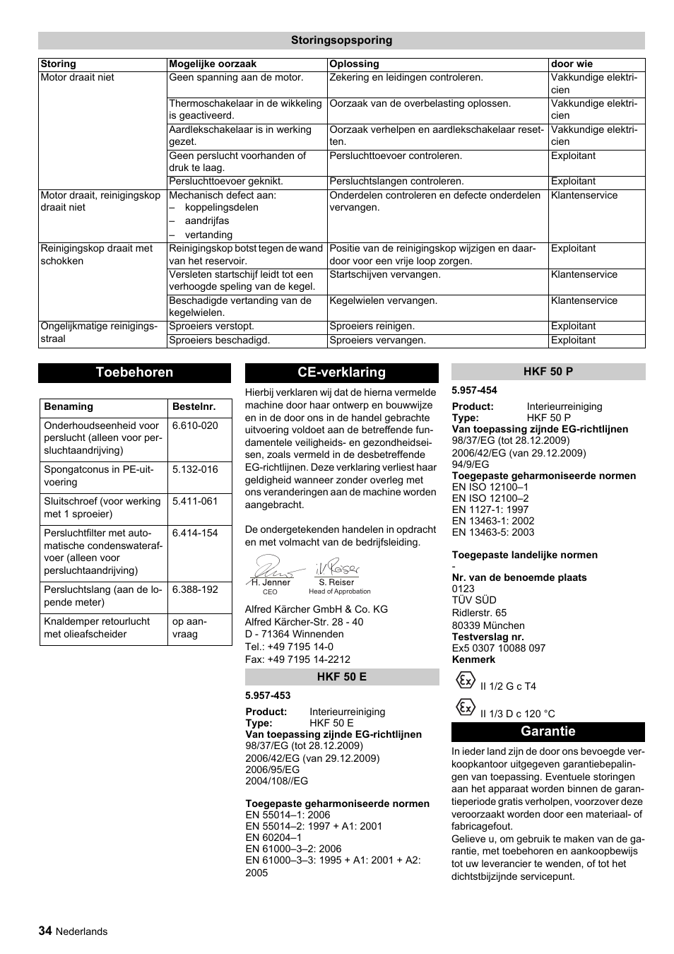 Toebehoren, Ce-verklaring, Garantie | Karcher HKF 50 E User Manual | Page 34 / 60