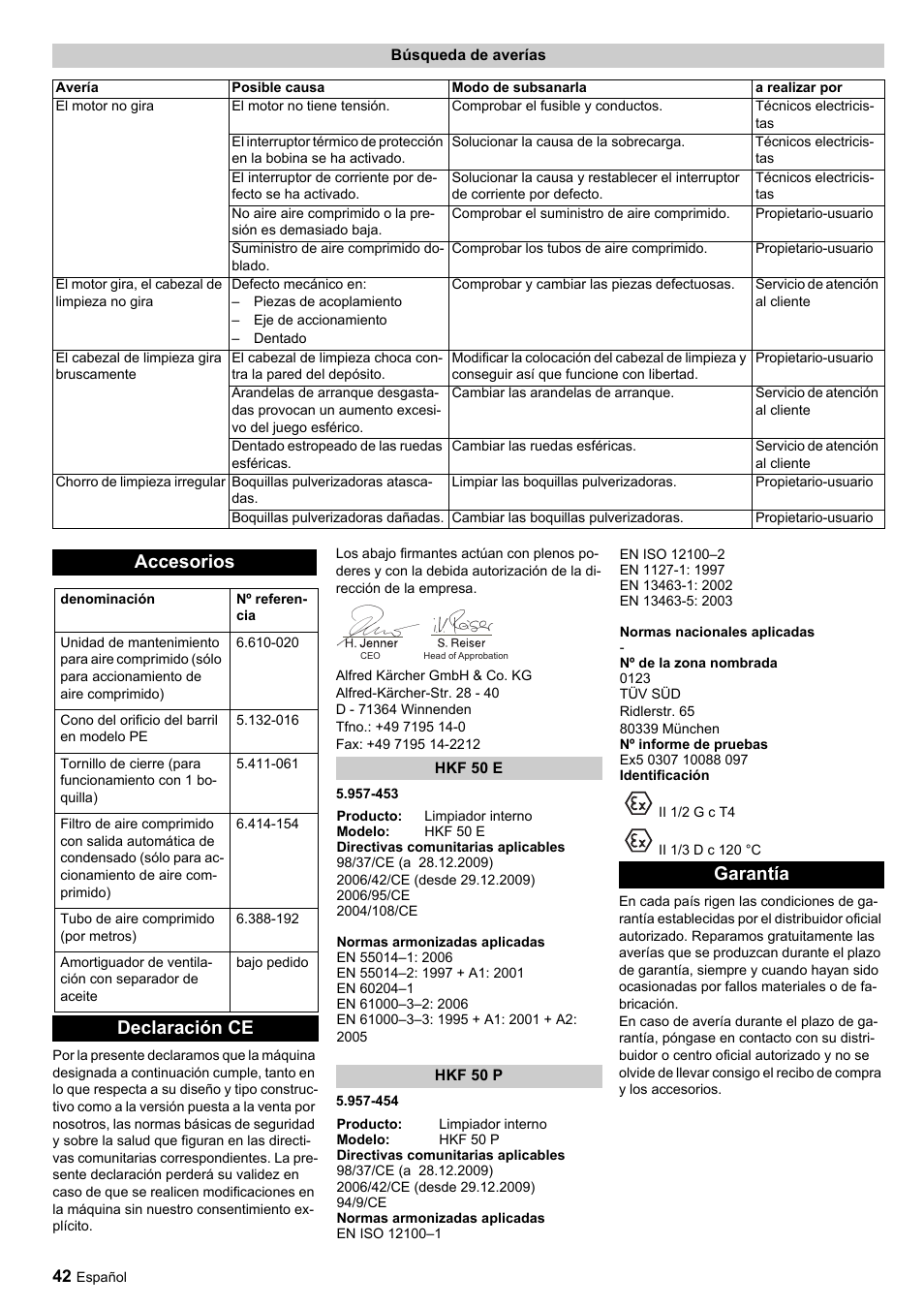 Accesorios, Declaración ce, Garantía | Karcher HKF 50 E User Manual | Page 42 / 60