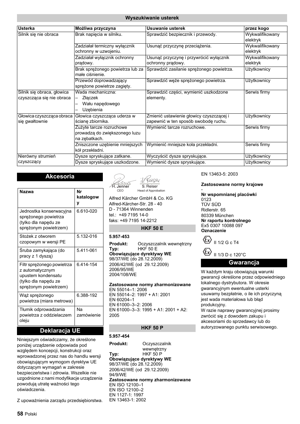 Akcesoria, Deklaracja ue, Gwarancja | Karcher HKF 50 E User Manual | Page 58 / 60