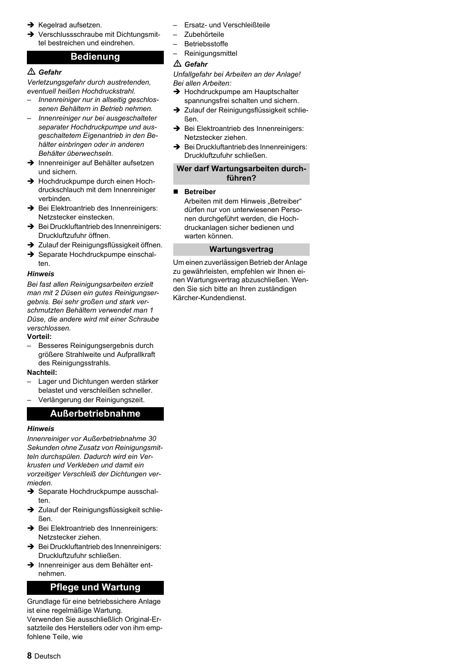 Bedienung außerbetriebnahme pflege und wartung | Karcher HKF 50 E User Manual | Page 8 / 60