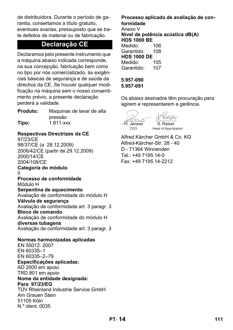 Declaração ce | Karcher HDS 1000 De User Manual | Page 111 / 428