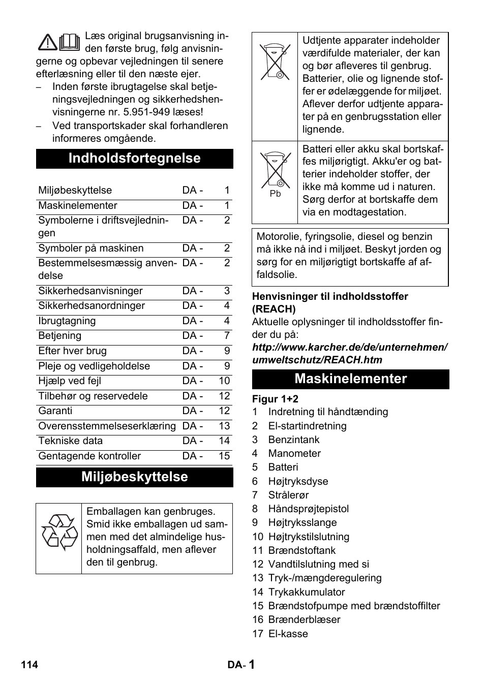 Indholdsfortegnelse, Miljøbeskyttelse, Maskinelementer | Karcher HDS 1000 De User Manual | Page 114 / 428