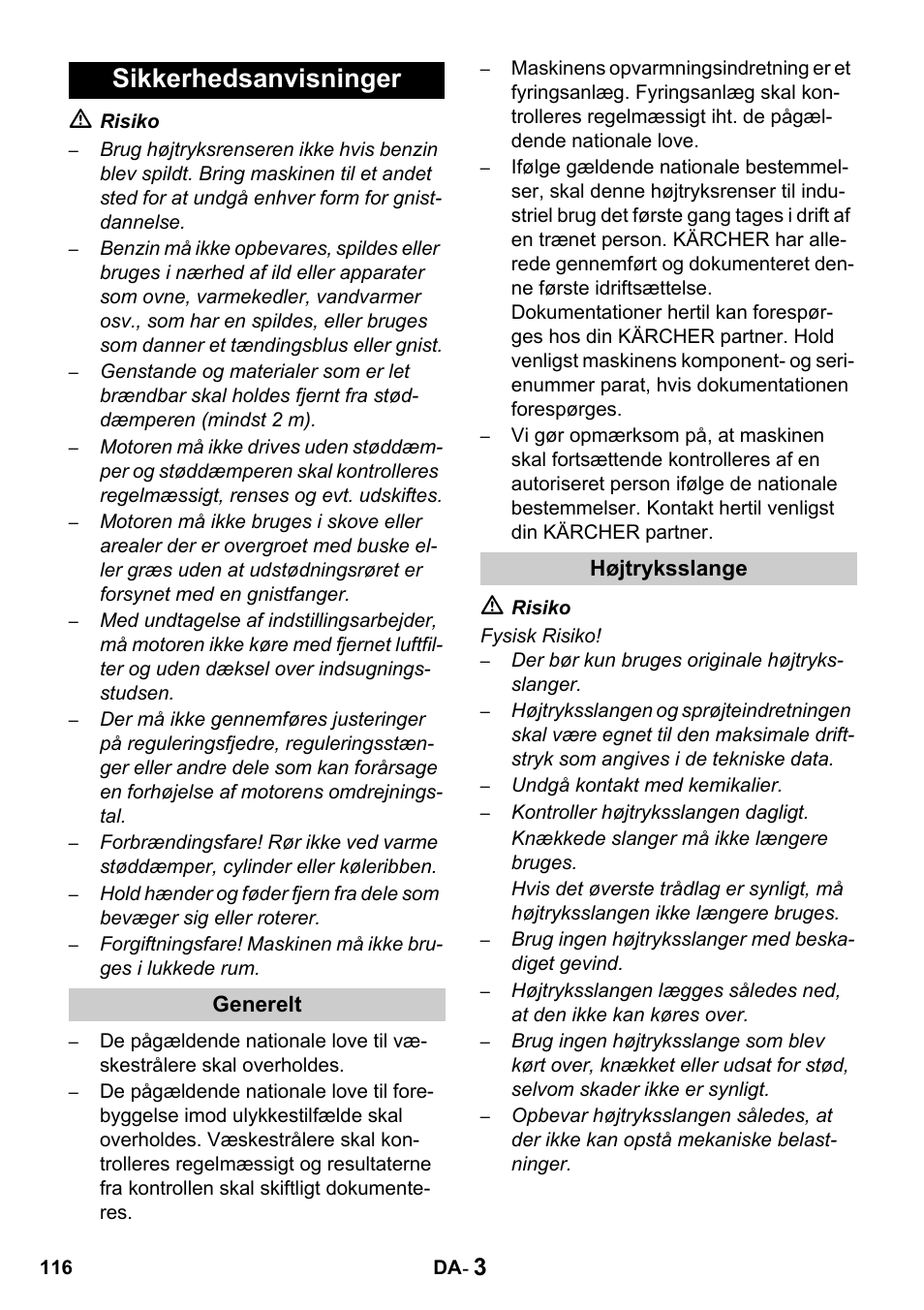 Sikkerhedsanvisninger | Karcher HDS 1000 De User Manual | Page 116 / 428