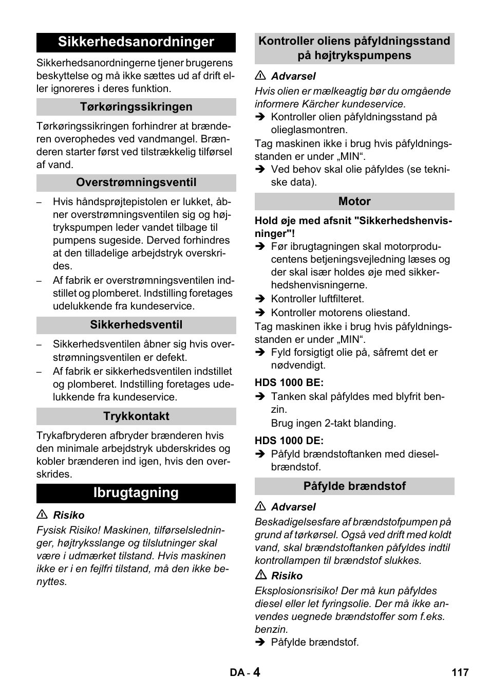 Sikkerhedsanordninger, Ibrugtagning | Karcher HDS 1000 De User Manual | Page 117 / 428