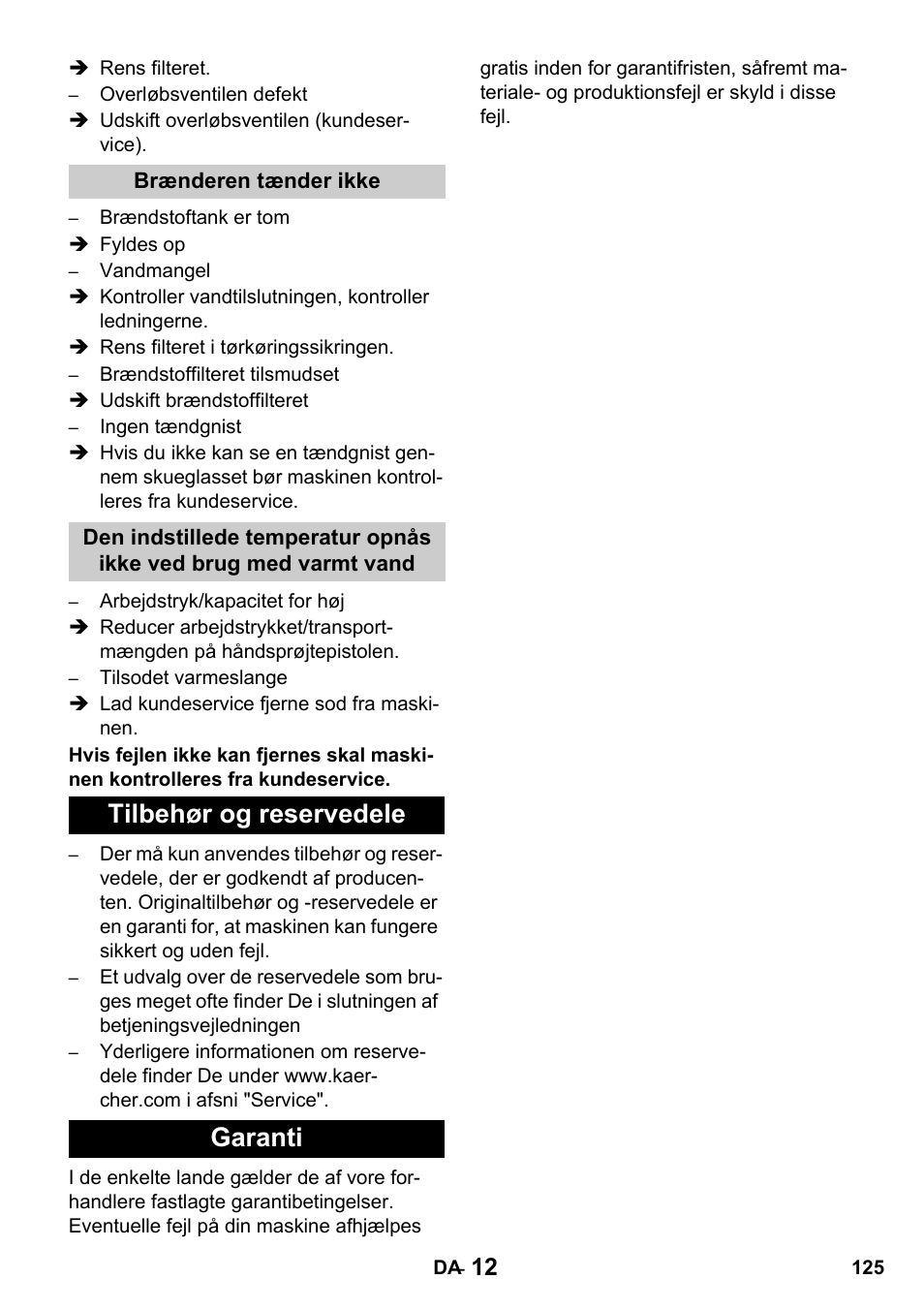 Tilbehør og reservedele garanti | Karcher HDS 1000 De User Manual | Page 125 / 428