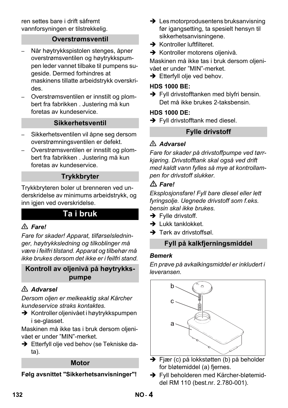 Ta i bruk | Karcher HDS 1000 De User Manual | Page 132 / 428