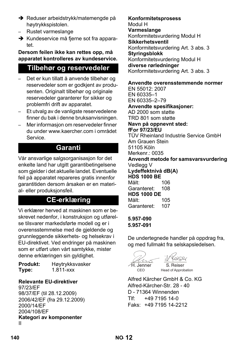 Tilbehør og reservedeler garanti ce-erklæring | Karcher HDS 1000 De User Manual | Page 140 / 428