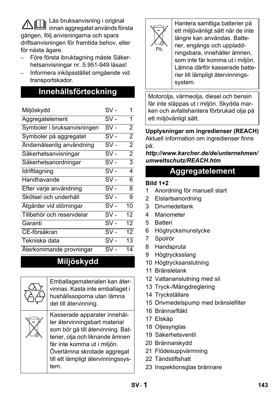 Innehållsförteckning, Miljöskydd, Aggregatelement | Karcher HDS 1000 De User Manual | Page 143 / 428