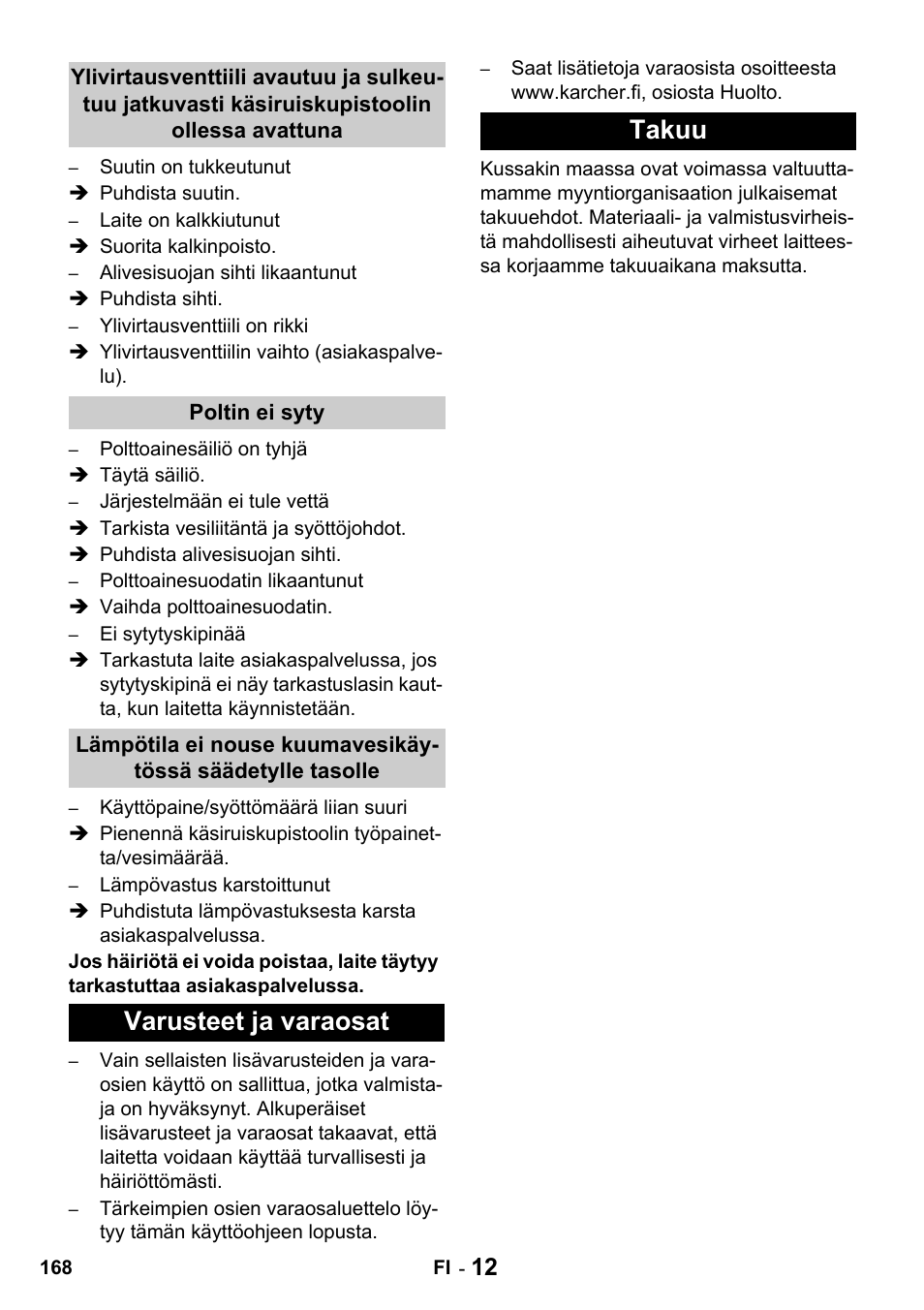 Varusteet ja varaosat takuu | Karcher HDS 1000 De User Manual | Page 168 / 428