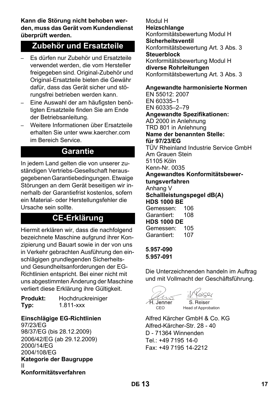 Zubehör und ersatzteile garantie ce-erklärung | Karcher HDS 1000 De User Manual | Page 17 / 428