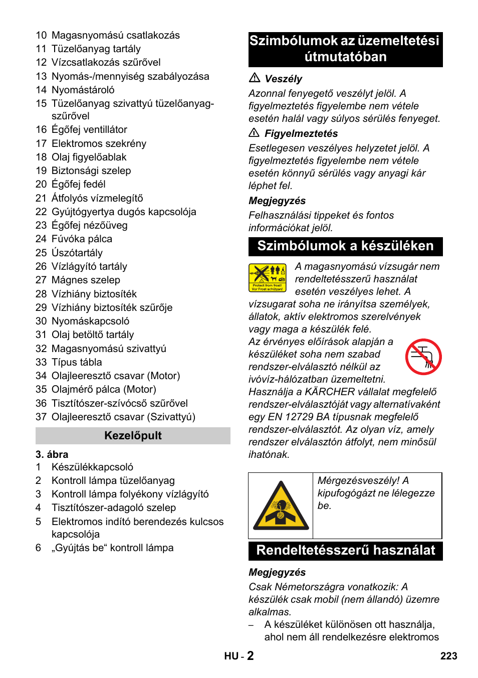 Rendeltetésszerű használat | Karcher HDS 1000 De User Manual | Page 223 / 428