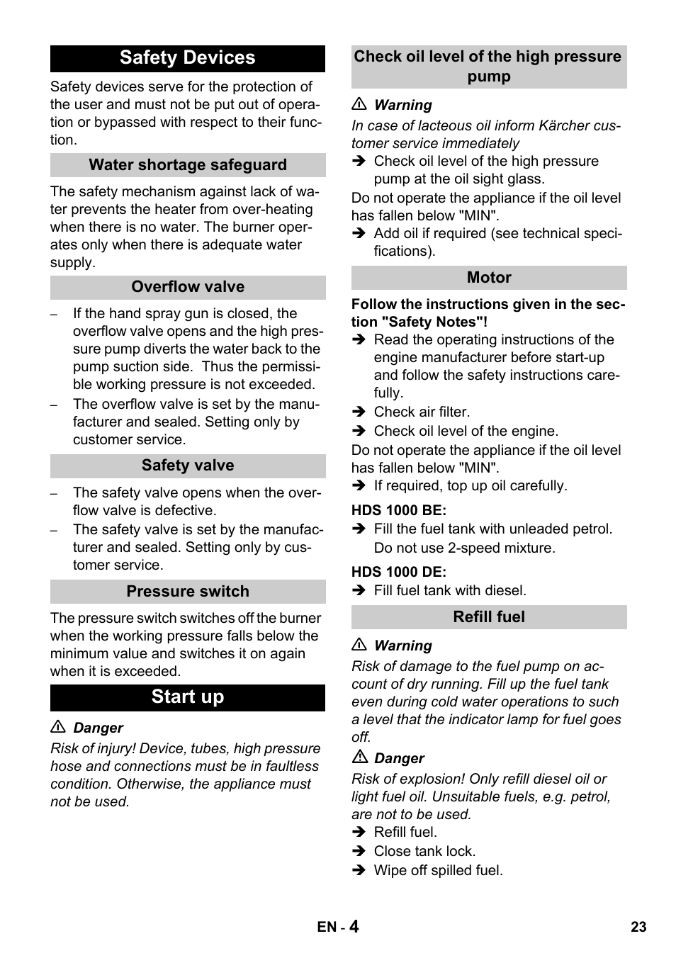 Safety devices, Start up | Karcher HDS 1000 De User Manual | Page 23 / 428