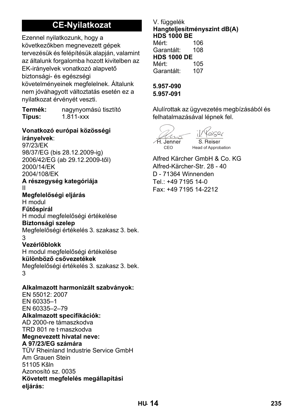 Ce-nyilatkozat | Karcher HDS 1000 De User Manual | Page 235 / 428