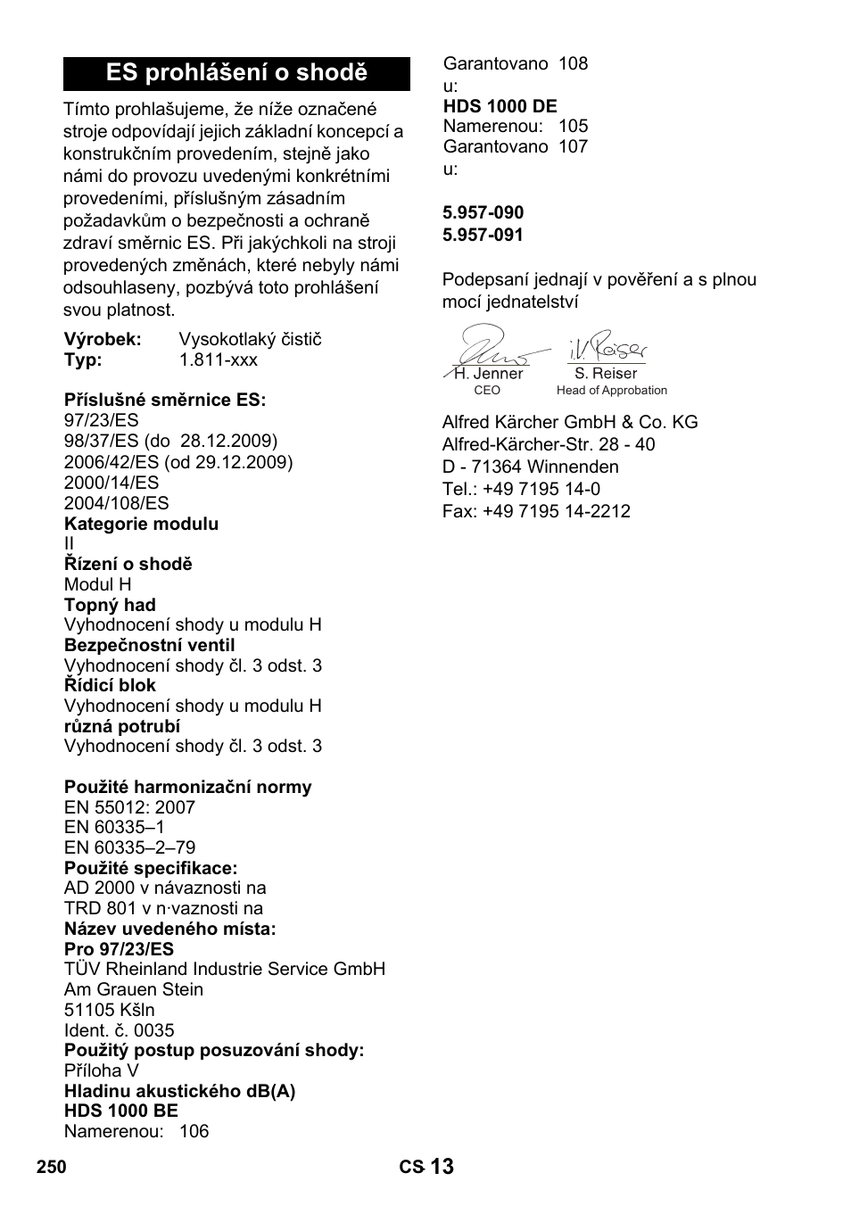 Es prohlášení o shodě | Karcher HDS 1000 De User Manual | Page 250 / 428