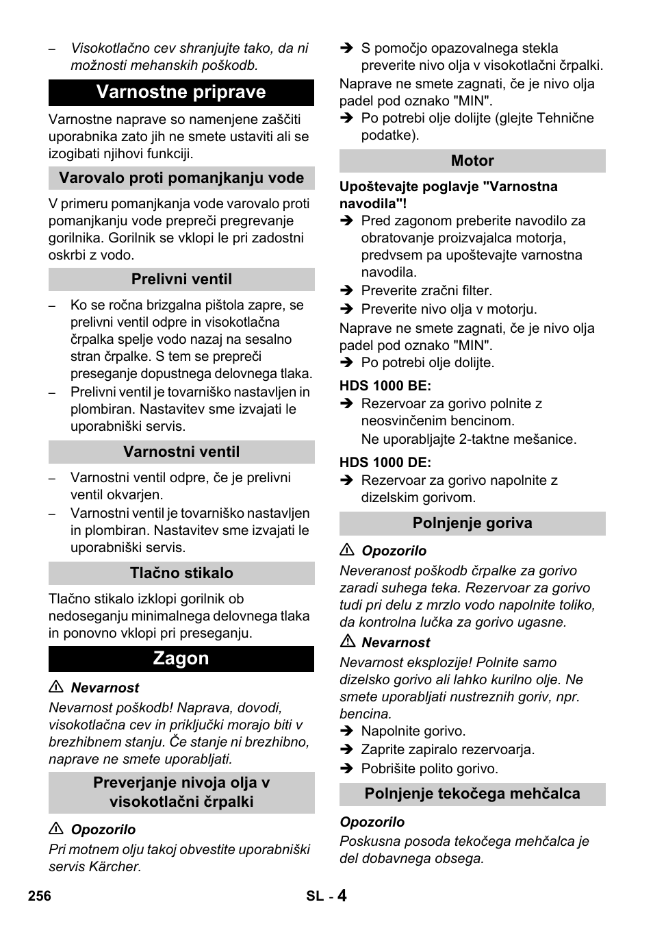 Varnostne priprave, Zagon | Karcher HDS 1000 De User Manual | Page 256 / 428