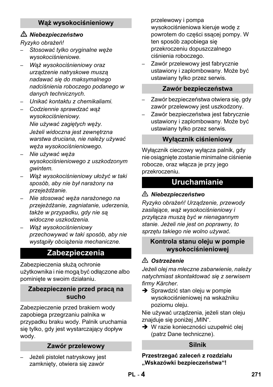 Zabezpieczenia, Uruchamianie | Karcher HDS 1000 De User Manual | Page 271 / 428