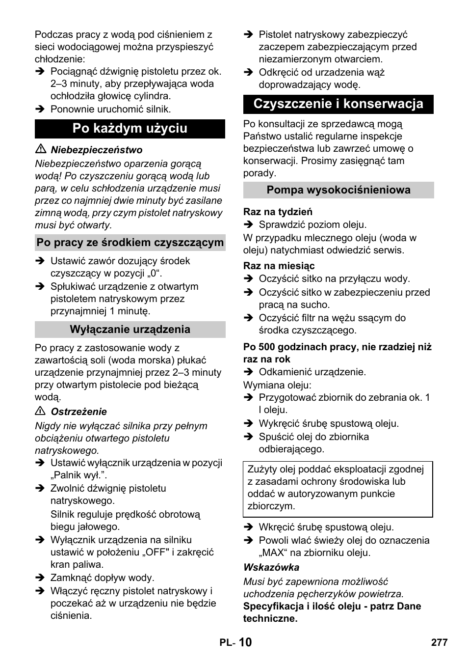 Po każdym użyciu, Czyszczenie i konserwacja | Karcher HDS 1000 De User Manual | Page 277 / 428