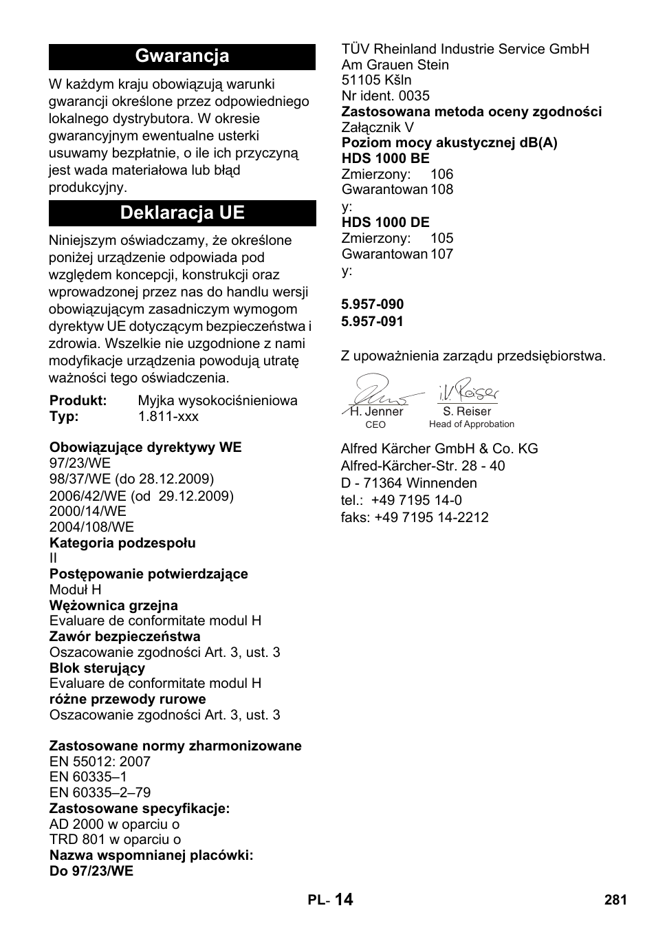 Gwarancja deklaracja ue | Karcher HDS 1000 De User Manual | Page 281 / 428