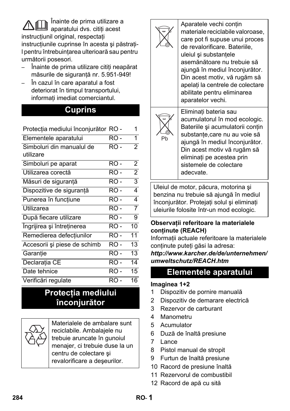 Cuprins, Protecţia mediului înconjurător, Elementele aparatului | Karcher HDS 1000 De User Manual | Page 284 / 428