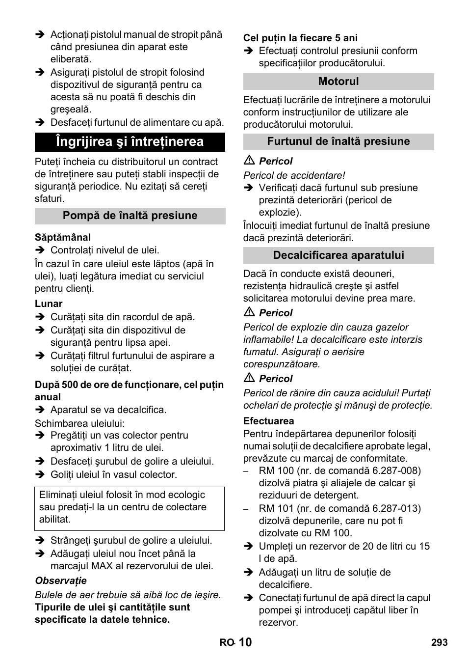 Îngrijirea şi întreţinerea | Karcher HDS 1000 De User Manual | Page 293 / 428