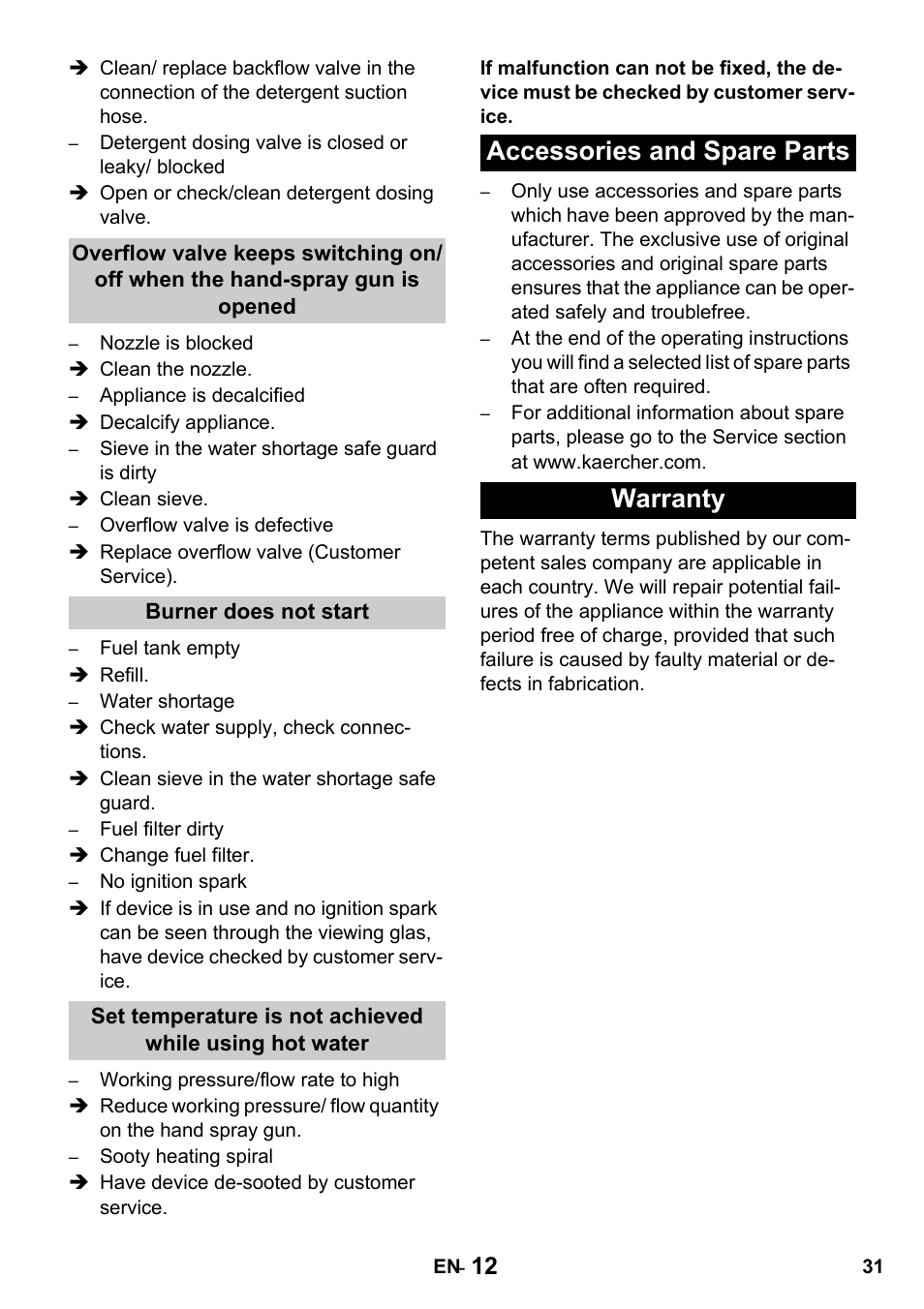 Accessories and spare parts warranty | Karcher HDS 1000 De User Manual | Page 31 / 428