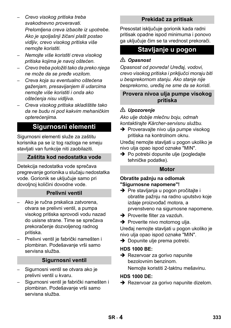 Sigurnosni elementi, Stavljanje u pogon | Karcher HDS 1000 De User Manual | Page 333 / 428