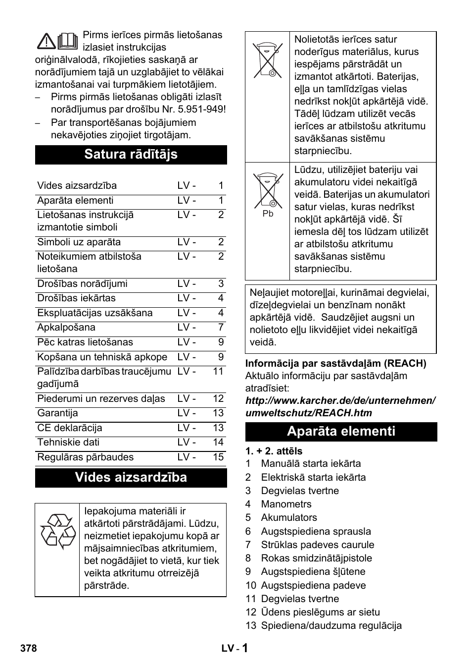 Satura rādītājs, Vides aizsardzība, Aparāta elementi | Karcher HDS 1000 De User Manual | Page 378 / 428