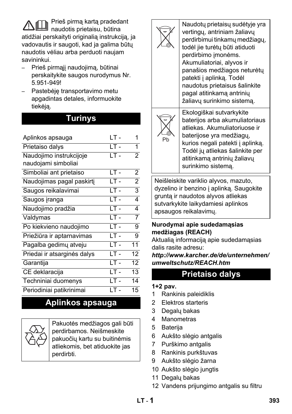Turinys, Aplinkos apsauga, Prietaiso dalys | Karcher HDS 1000 De User Manual | Page 393 / 428