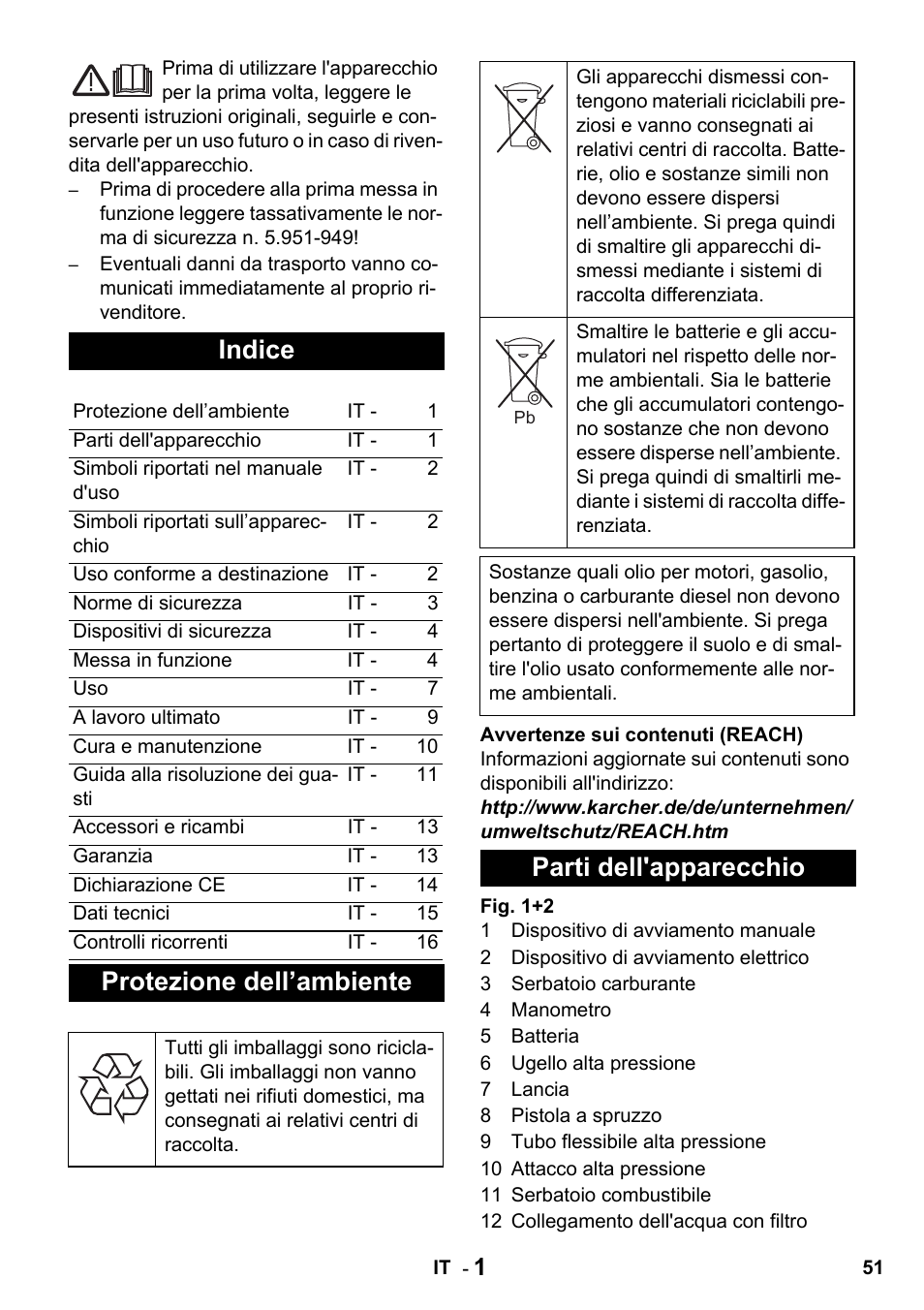 Indice, Protezione dell’ambiente, Parti dell'apparecchio | Karcher HDS 1000 De User Manual | Page 51 / 428