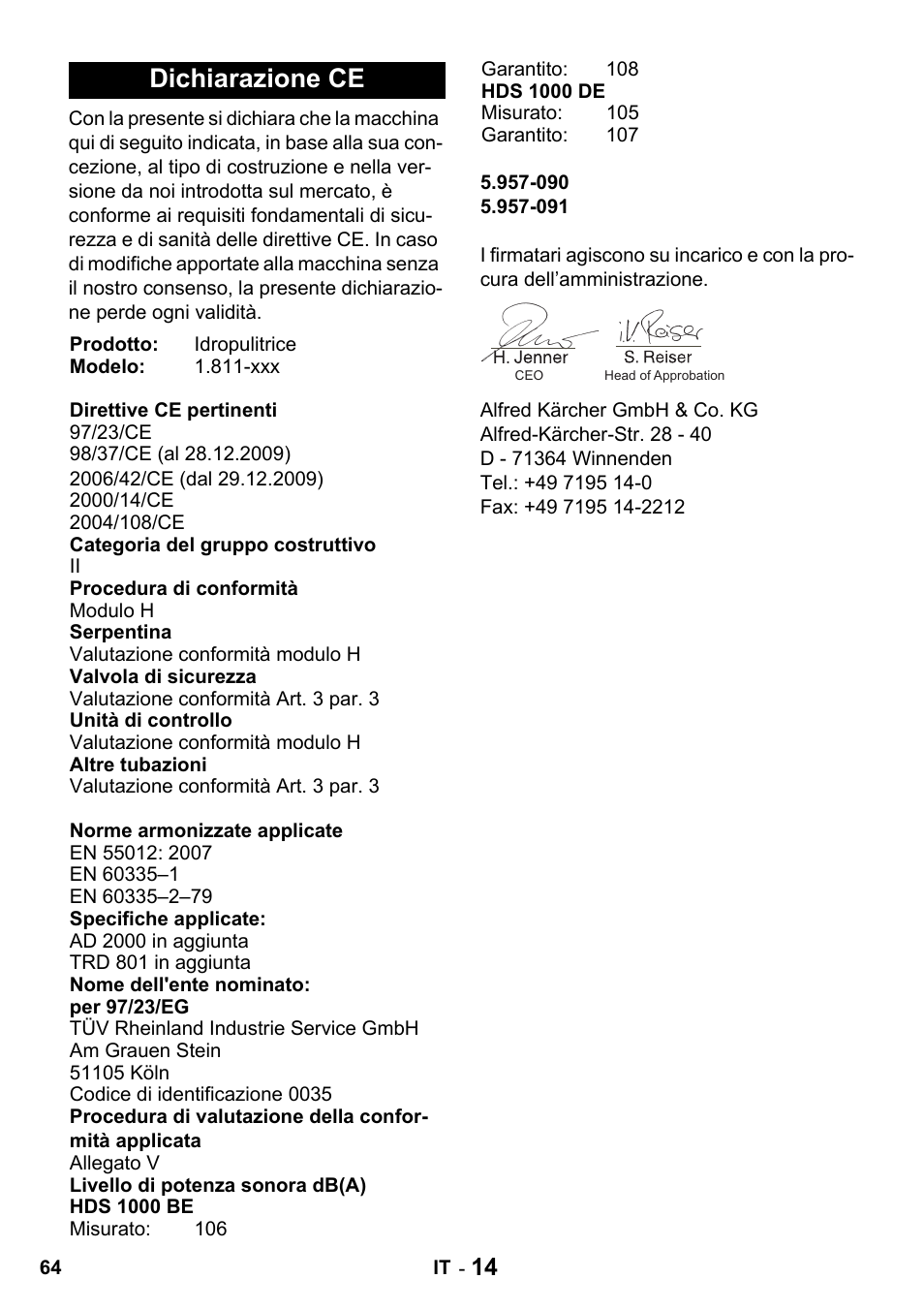 Dichiarazione ce | Karcher HDS 1000 De User Manual | Page 64 / 428