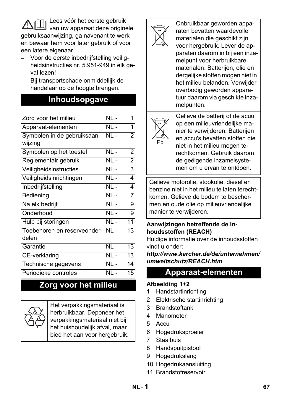 Inhoudsopgave, Zorg voor het milieu, Apparaat-elementen | Karcher HDS 1000 De User Manual | Page 67 / 428