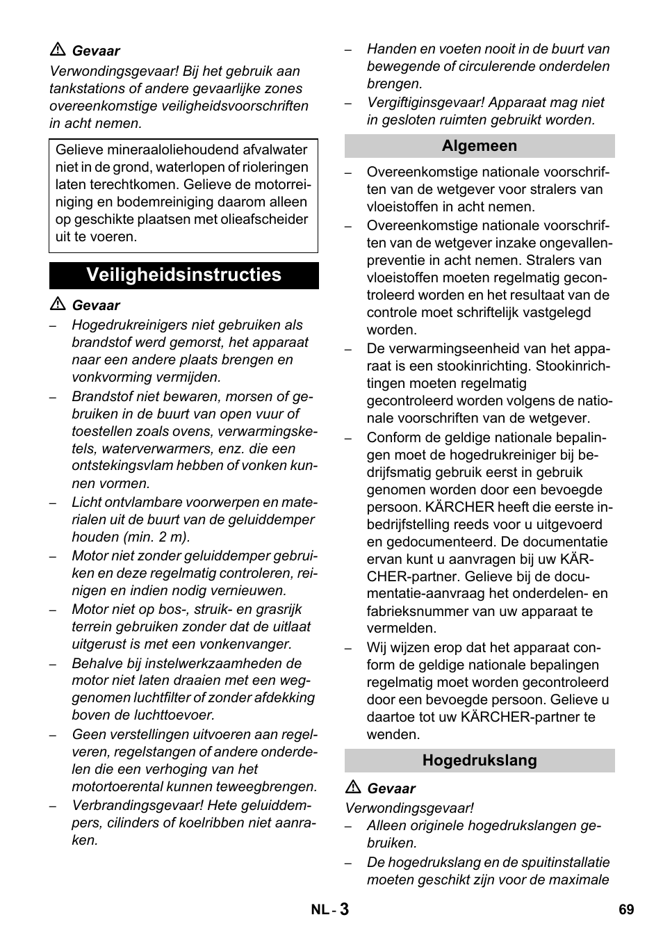 Veiligheidsinstructies | Karcher HDS 1000 De User Manual | Page 69 / 428