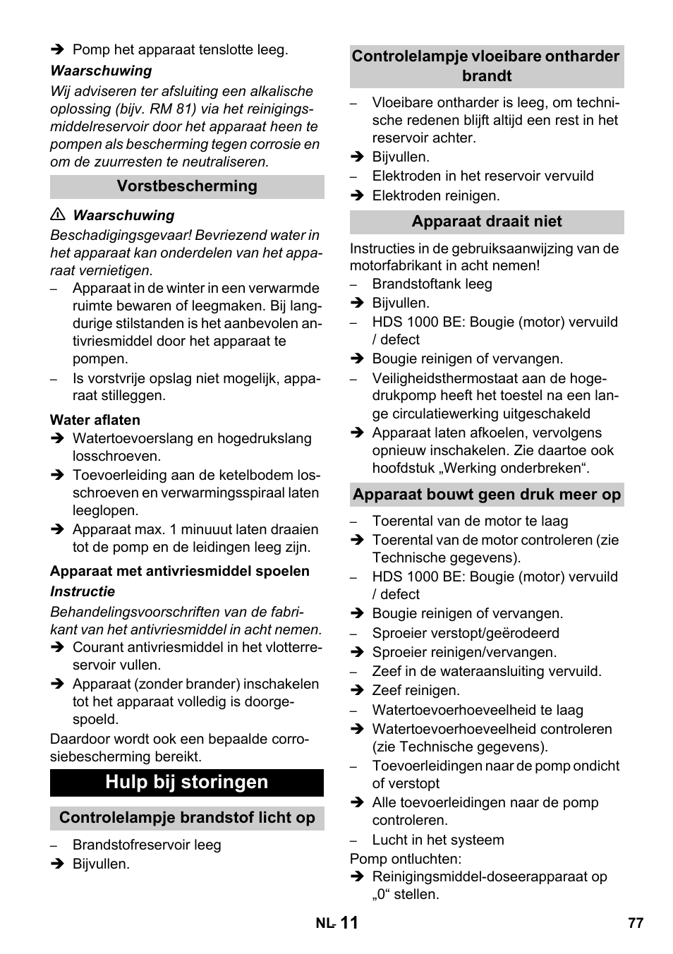 Hulp bij storingen | Karcher HDS 1000 De User Manual | Page 77 / 428