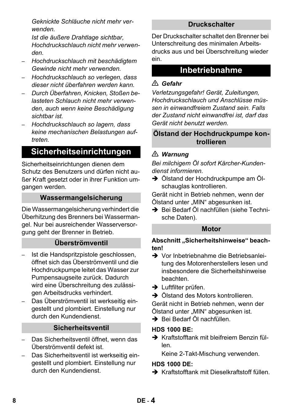 Sicherheitseinrichtungen, Inbetriebnahme | Karcher HDS 1000 De User Manual | Page 8 / 428